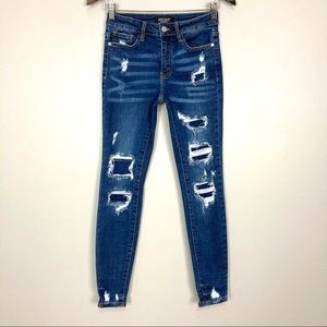 Judy Blue Distressed Skinny Jeans Women’s Size 25 Mid Rise Frayed Patch Stretch
